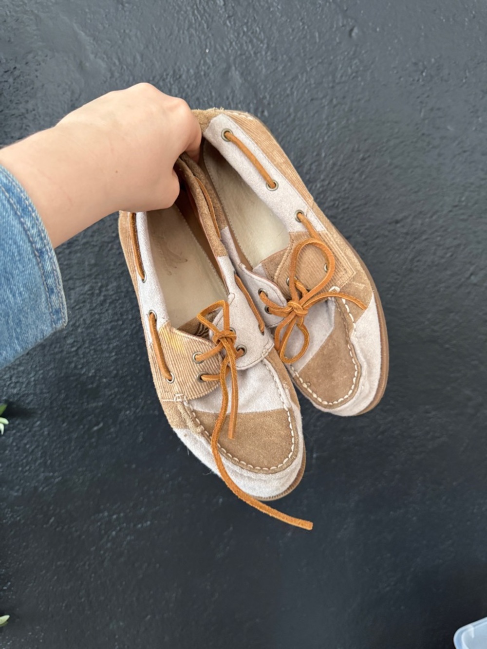 Sperry Two-Tone Tan and Beige Suede Canvas Boat Shoes